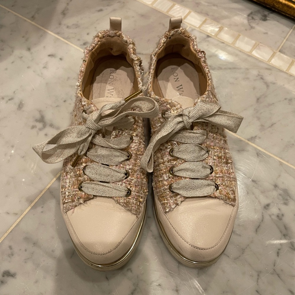 Ron White tweed, leather and ribbon sneakers. Made in Italy. Size 36/6.